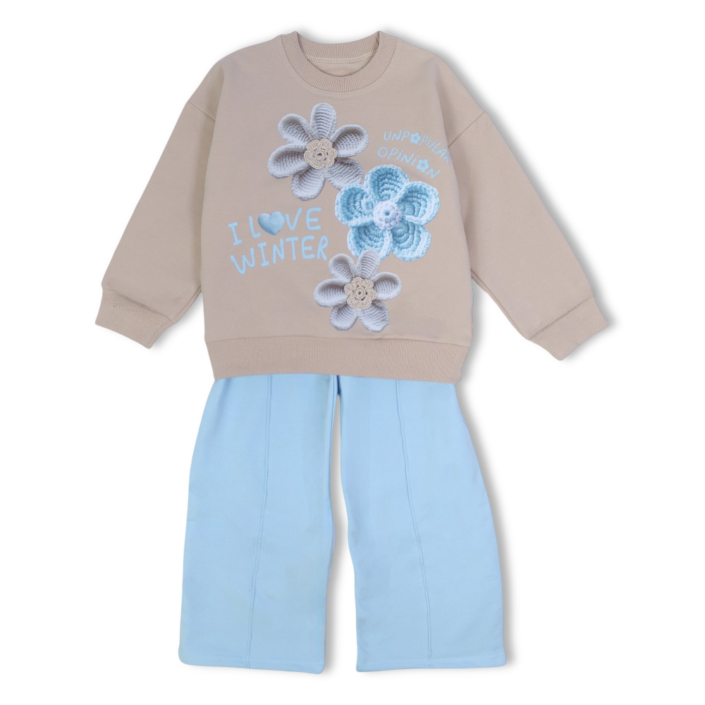 Girls Cotton Pajama Set – Beige/Aqua with “I Love Winter” Flowers Design