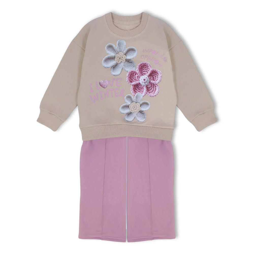 Girls Cotton Pajama Set – Beige/Dustypink with “I Love Winter” Flowers Design