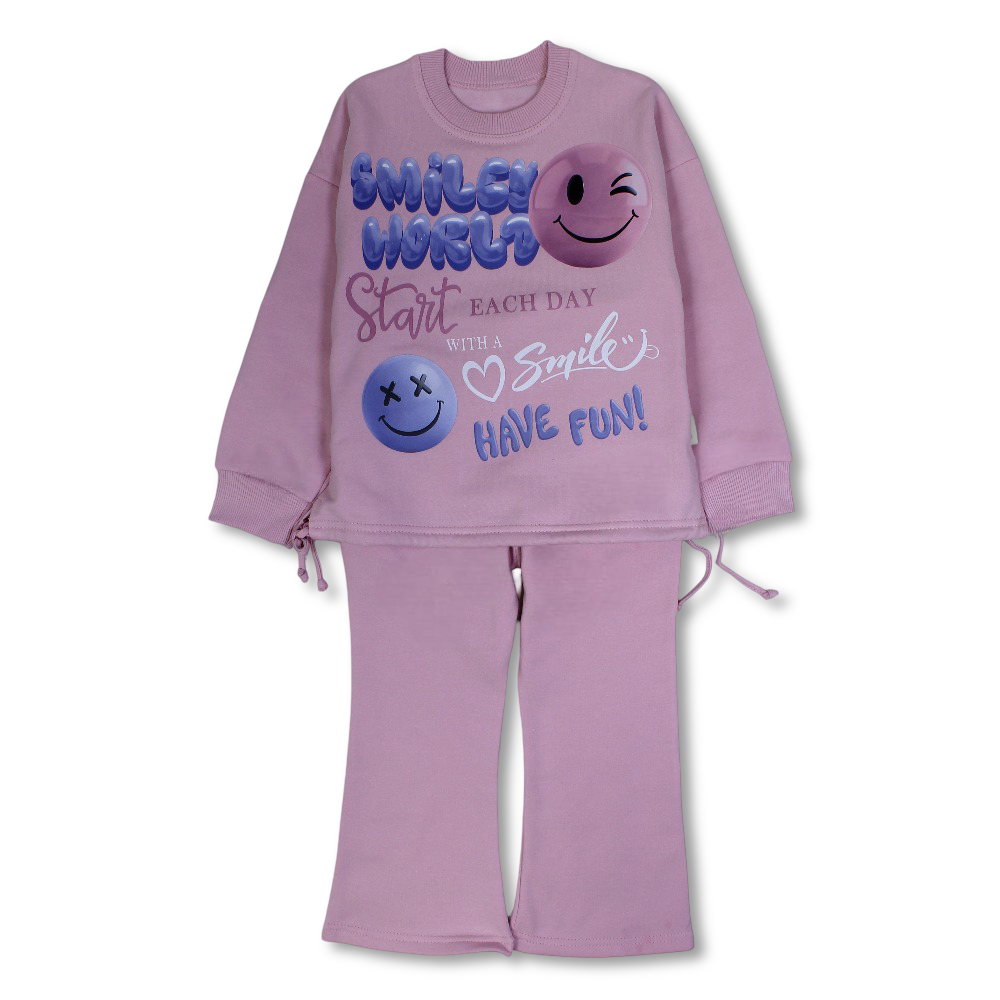 Girls Cotton Pajama Set – Pink with “Smiley World“ Print