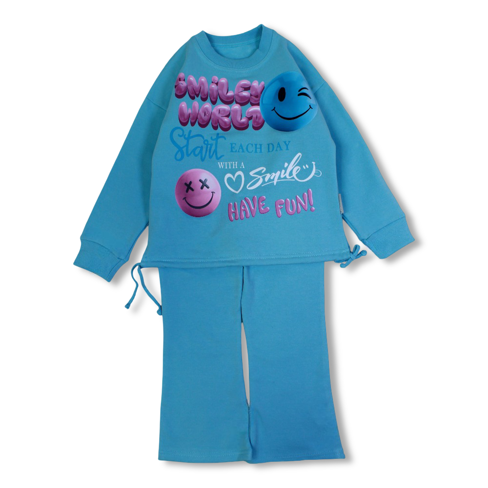 Girls Cotton Pajama Set – Aqua with “Smiley World” Print