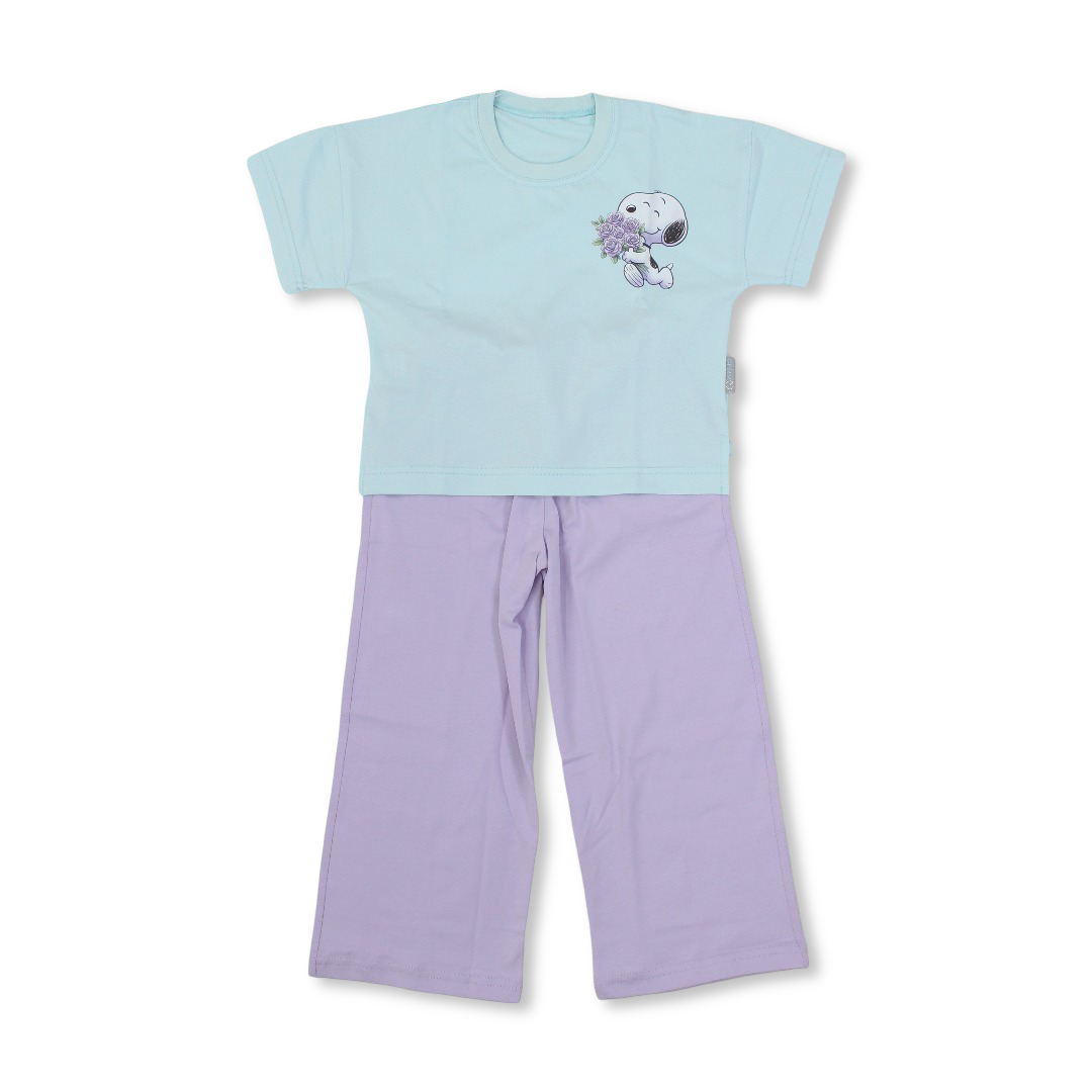 Girls Cotton Short-Sleeved Pajama – Aqua with Snoopy Print