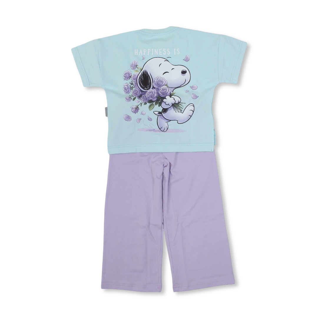 Girls Cotton Short-Sleeved Pajama – Aqua with Snoopy Print