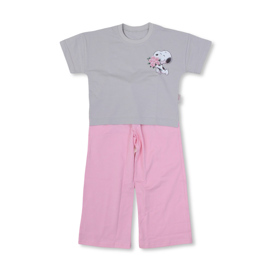Girls Cotton Short-Sleeved Pajama – Grey with Snoopy Print