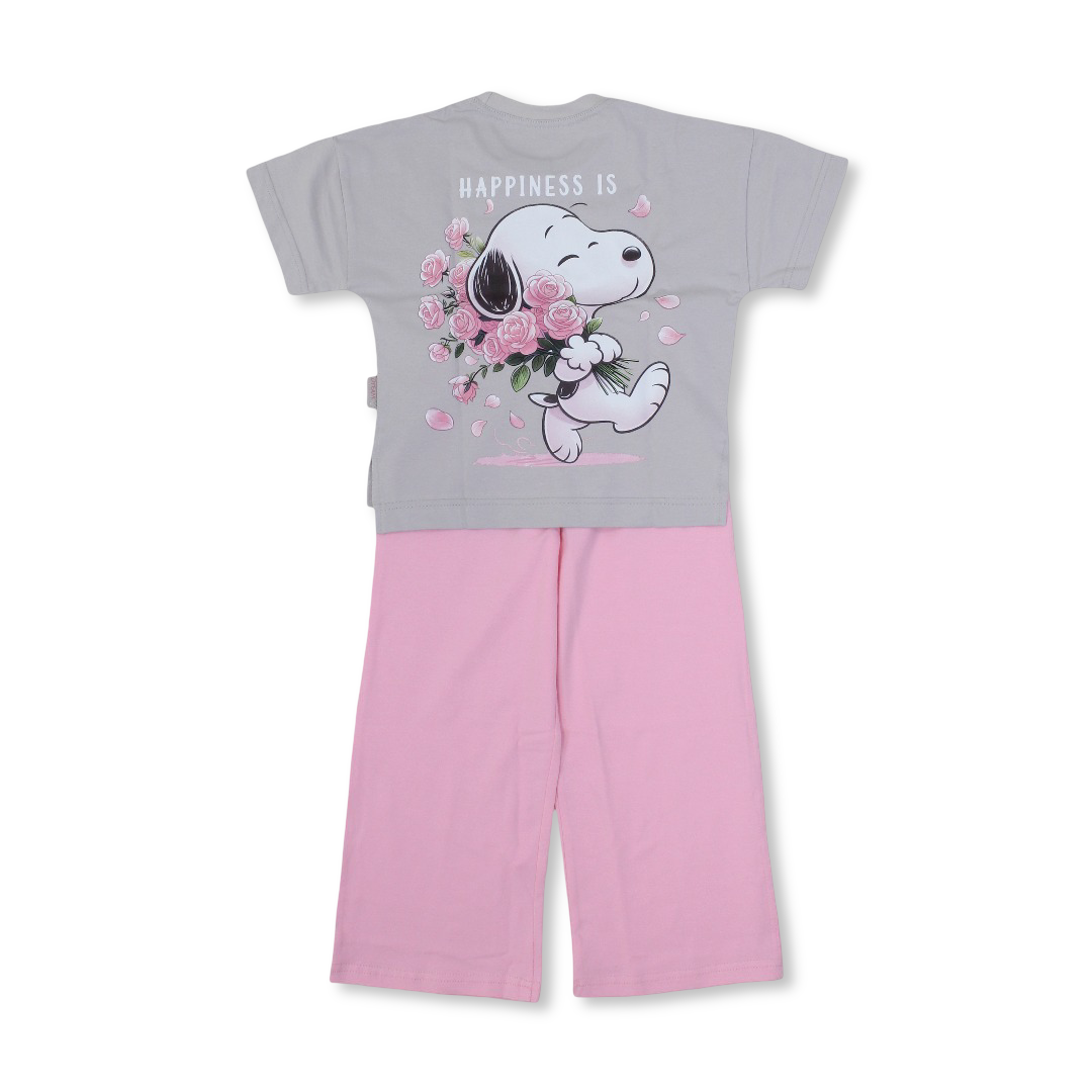 Girls Cotton Short-Sleeved Pajama – Grey with Snoopy Print