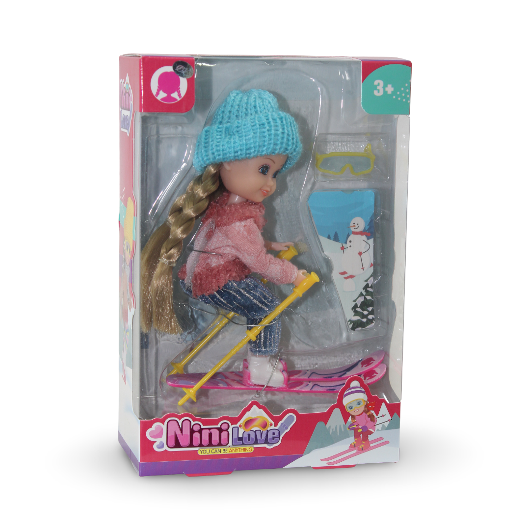 Nini Love Winter Sports Doll with Skis and Poles Set