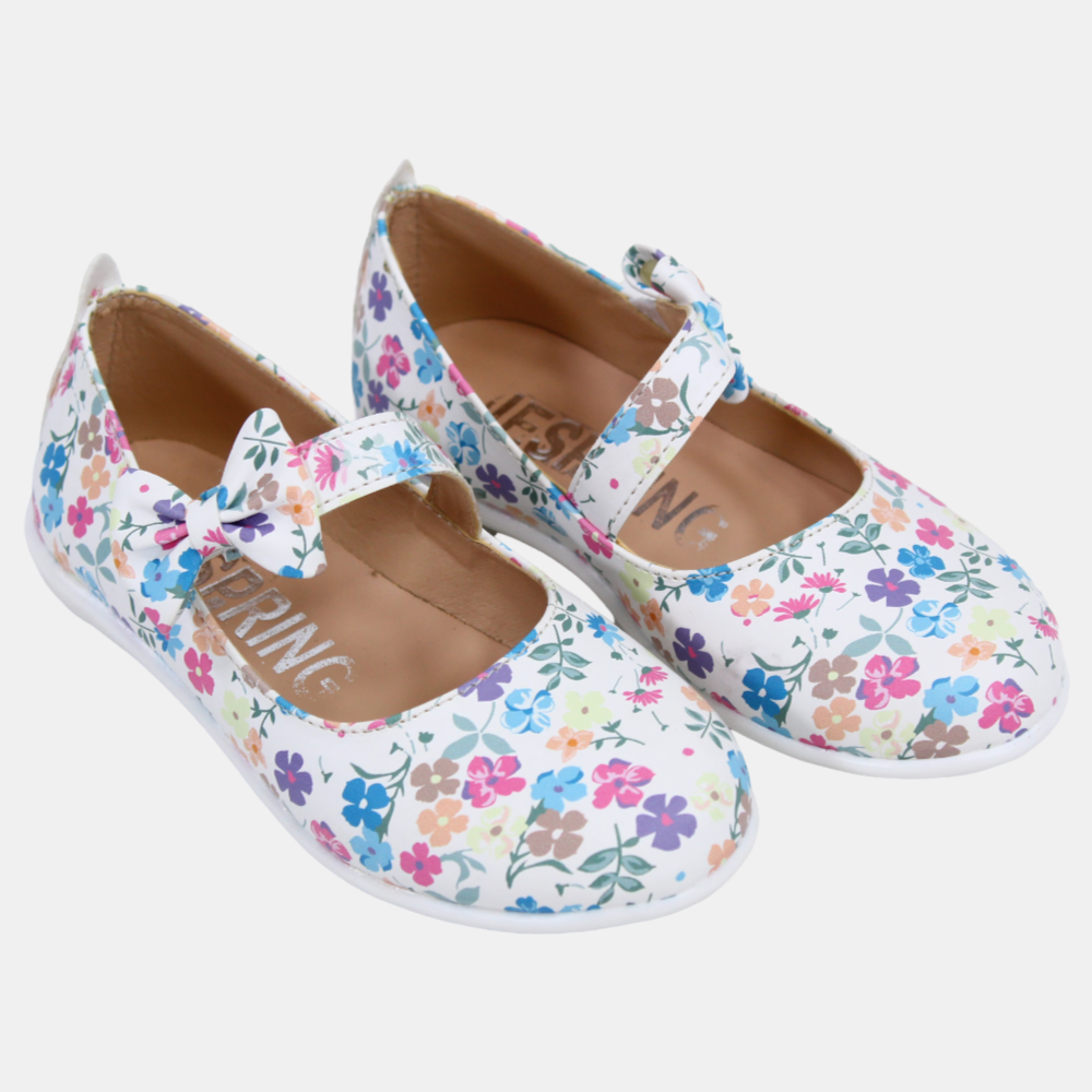 Baby Girls Leather Shoes – White with Colorful Floral Detail