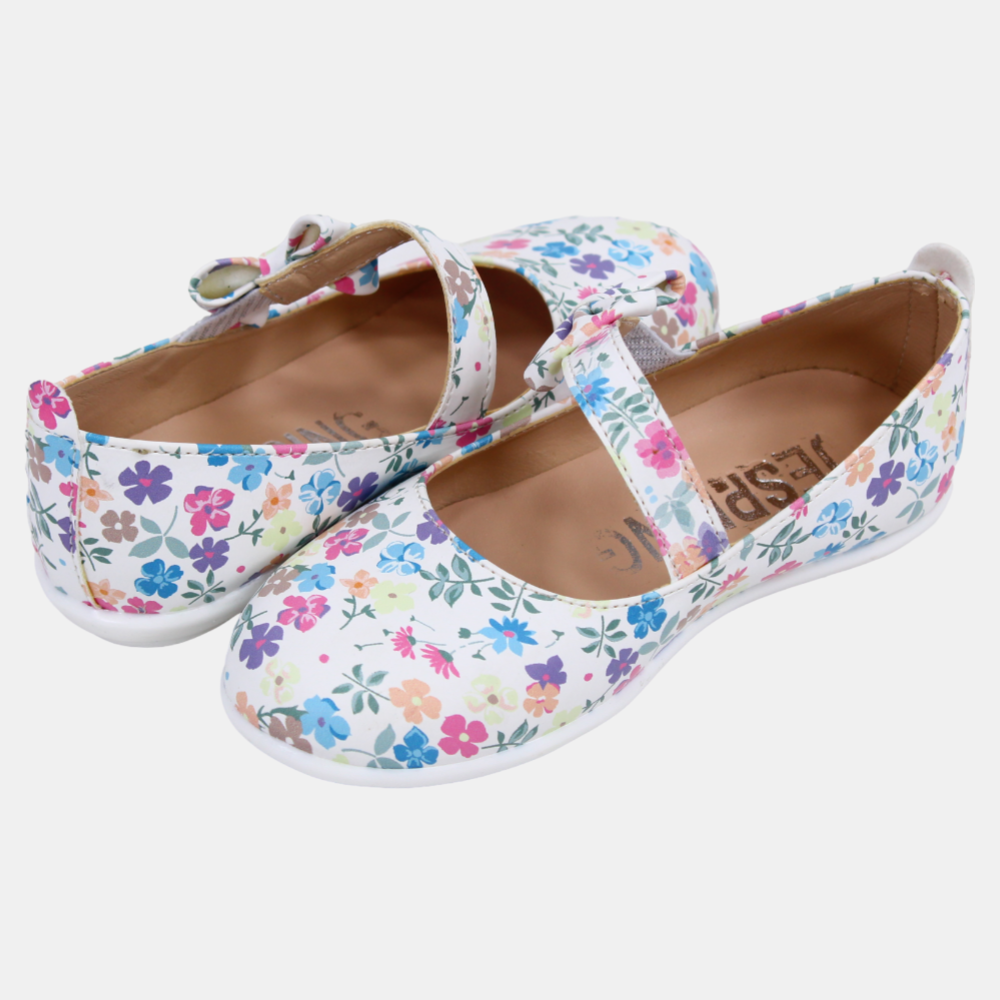 Baby Girls Leather Shoes – White with Colorful Floral Detail