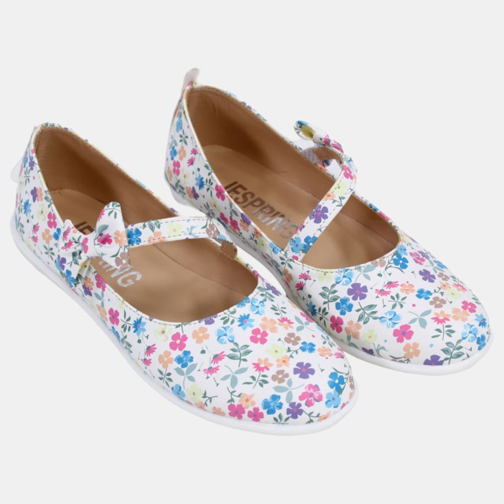 Girls Leather Shoes – White with Colorful Floral Detail