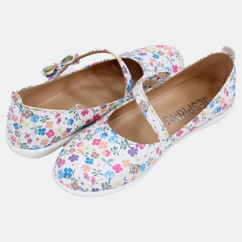 Girls Leather Shoes – White with Colorful Floral Detail