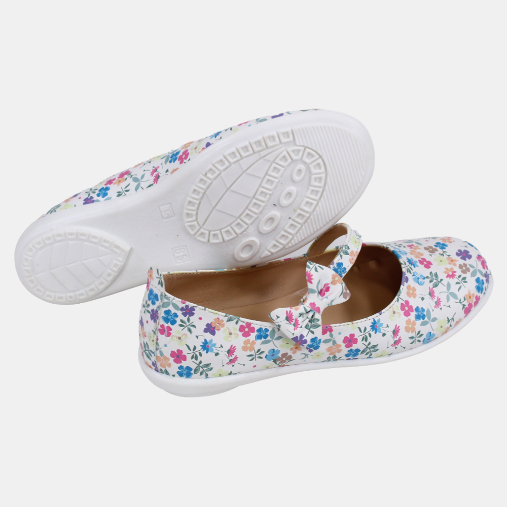 Girls Leather Shoes – White with Colorful Floral Detail