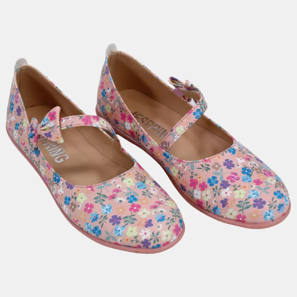 Girls Leather Shoes – Blush with Floral Details - Clothing - Jespring