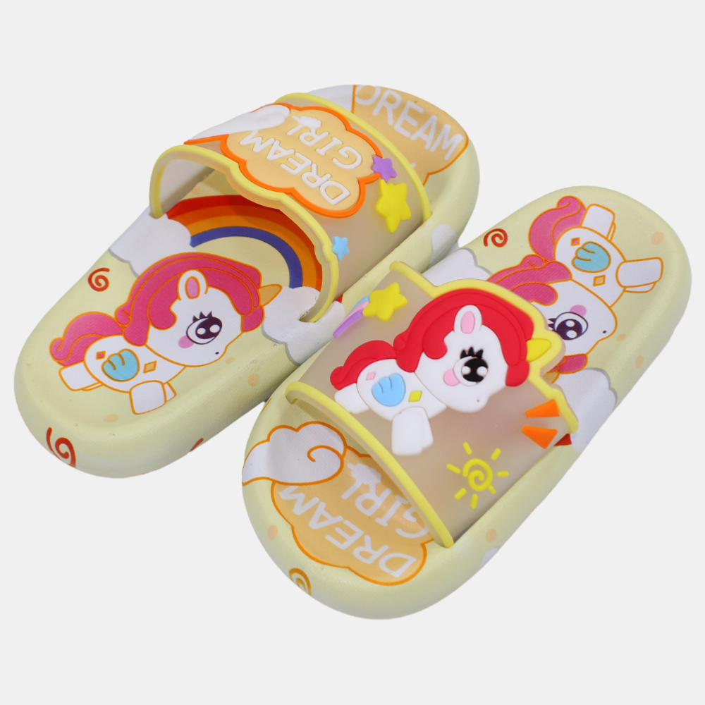 Girls Rubber Slides – Yellow with Unicorn Design