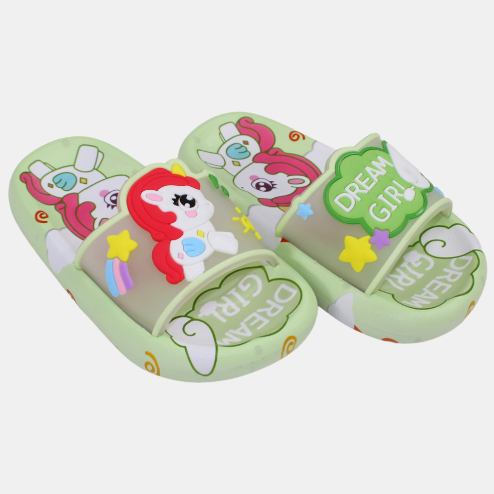 Girls Rubber Slides – Lemon Green with Unicorn Design
