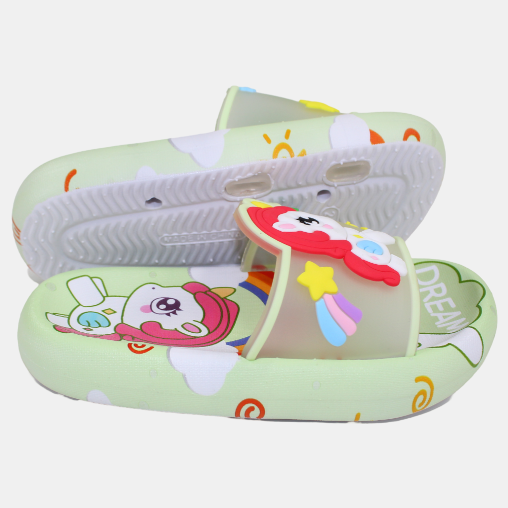 Girls Rubber Slides – Lemon Green with Unicorn Design