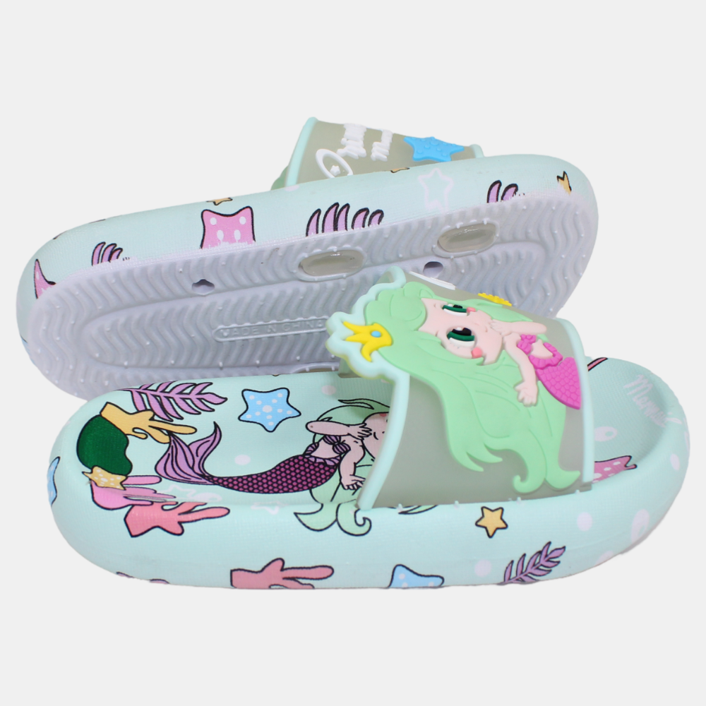 Girls Rubber Slides – Aqua with Mermaid Design