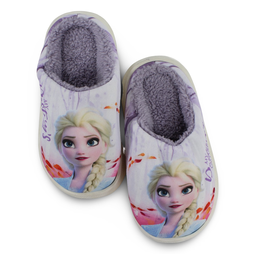 Girls Fur Slippers – Purple with Frozen Print