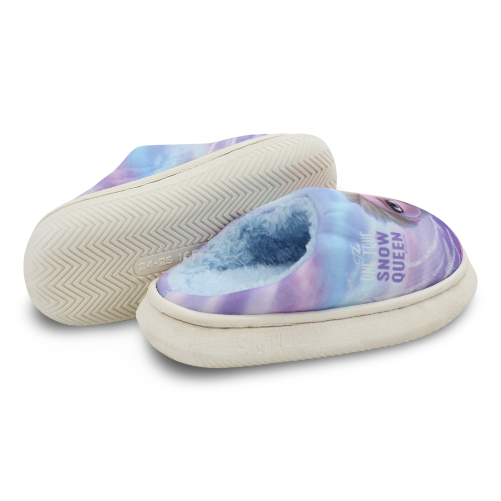 Girls Fur Slippers – Purple with Frozen “Snow Queen“ Print