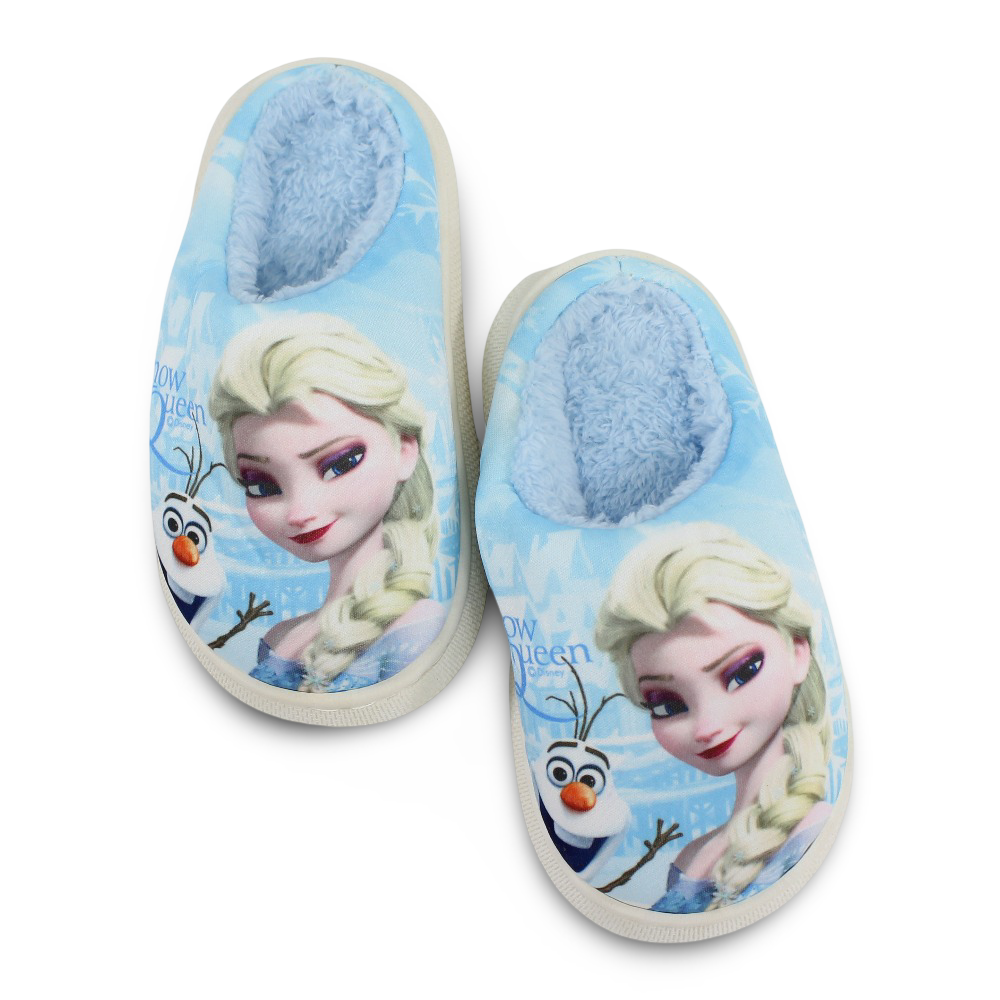 Girls Fur Slippers – Baby Blue with Frozen “Snow Queen“ Print