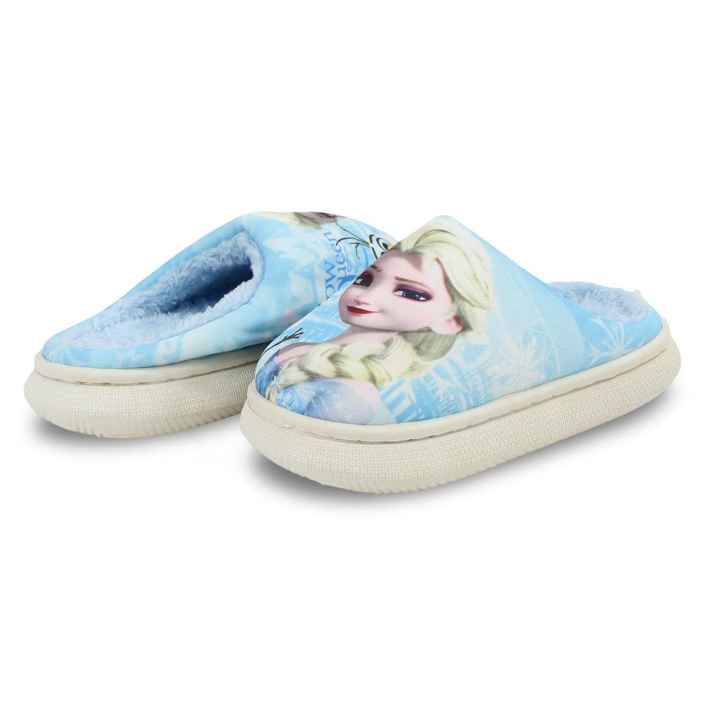 Girls Fur Slippers – Baby Blue with Frozen “Snow Queen“ Print