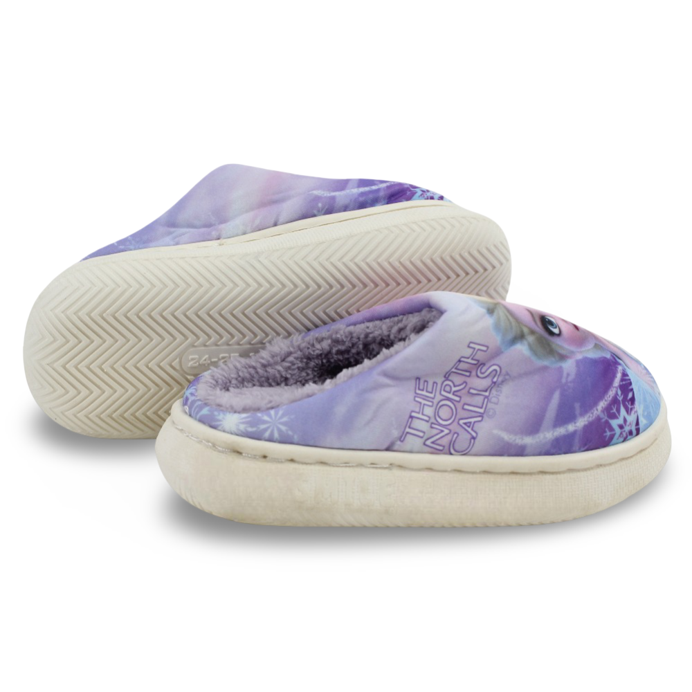 Girls Fur Slippers – Purple with Frozen “The North Calls” Print