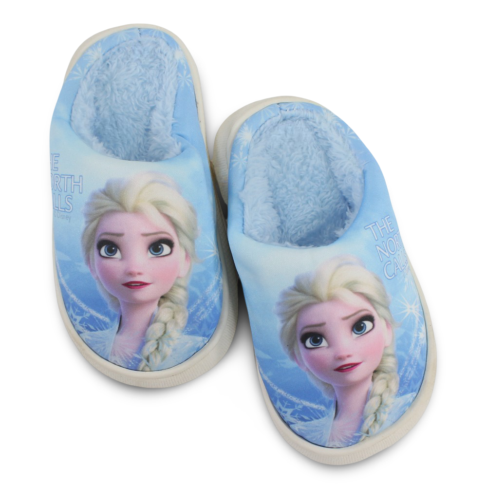 Girls Fur Slippers – Baby Blue with Frozen “The North Calls” Print