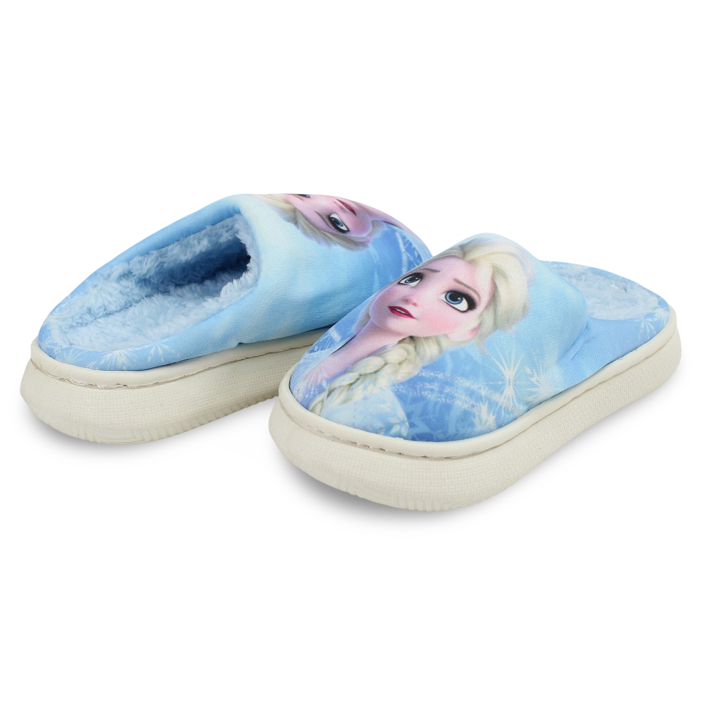 Girls Fur Slippers – Baby Blue with Frozen “The North Calls” Print