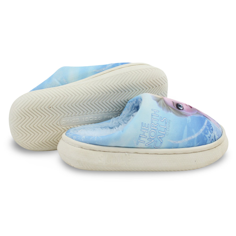 Girls Fur Slippers – Baby Blue with Frozen “The North Calls” Print