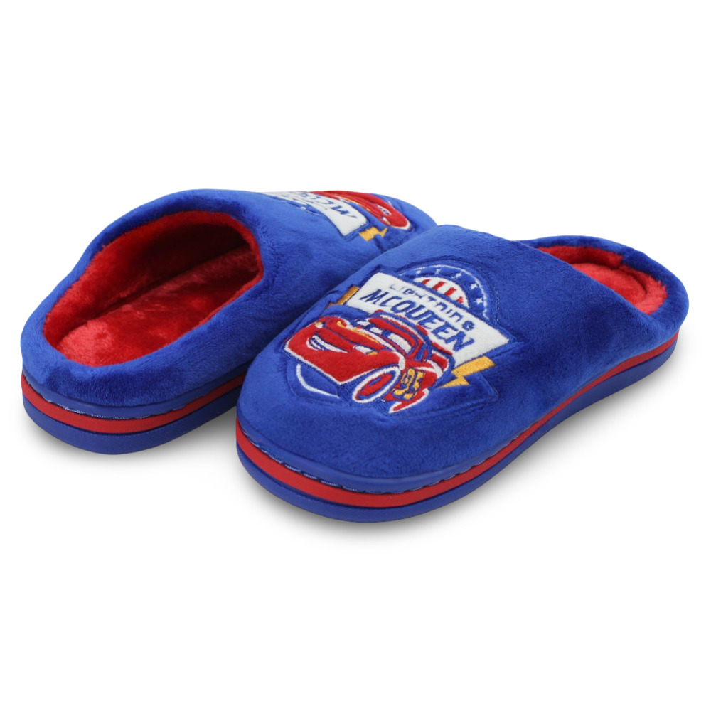 Boys Fur Slippers – Blue with "Lightning McQueen" Print