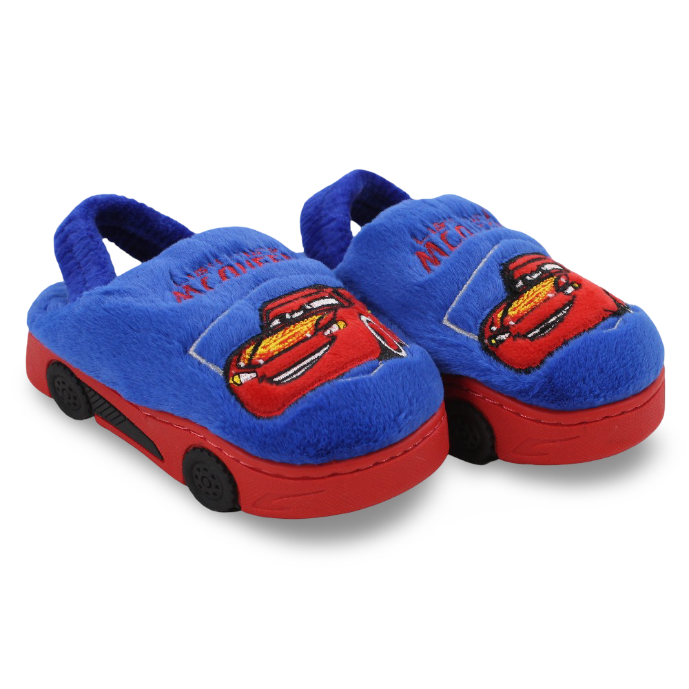 Boys Fur Slippers – Blue with Cars Print