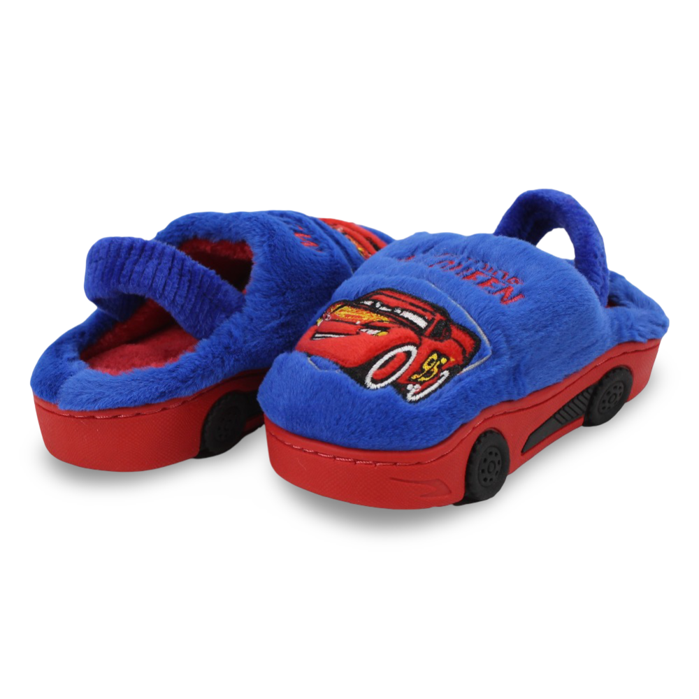 Boys Fur Slippers – Blue with Cars Print