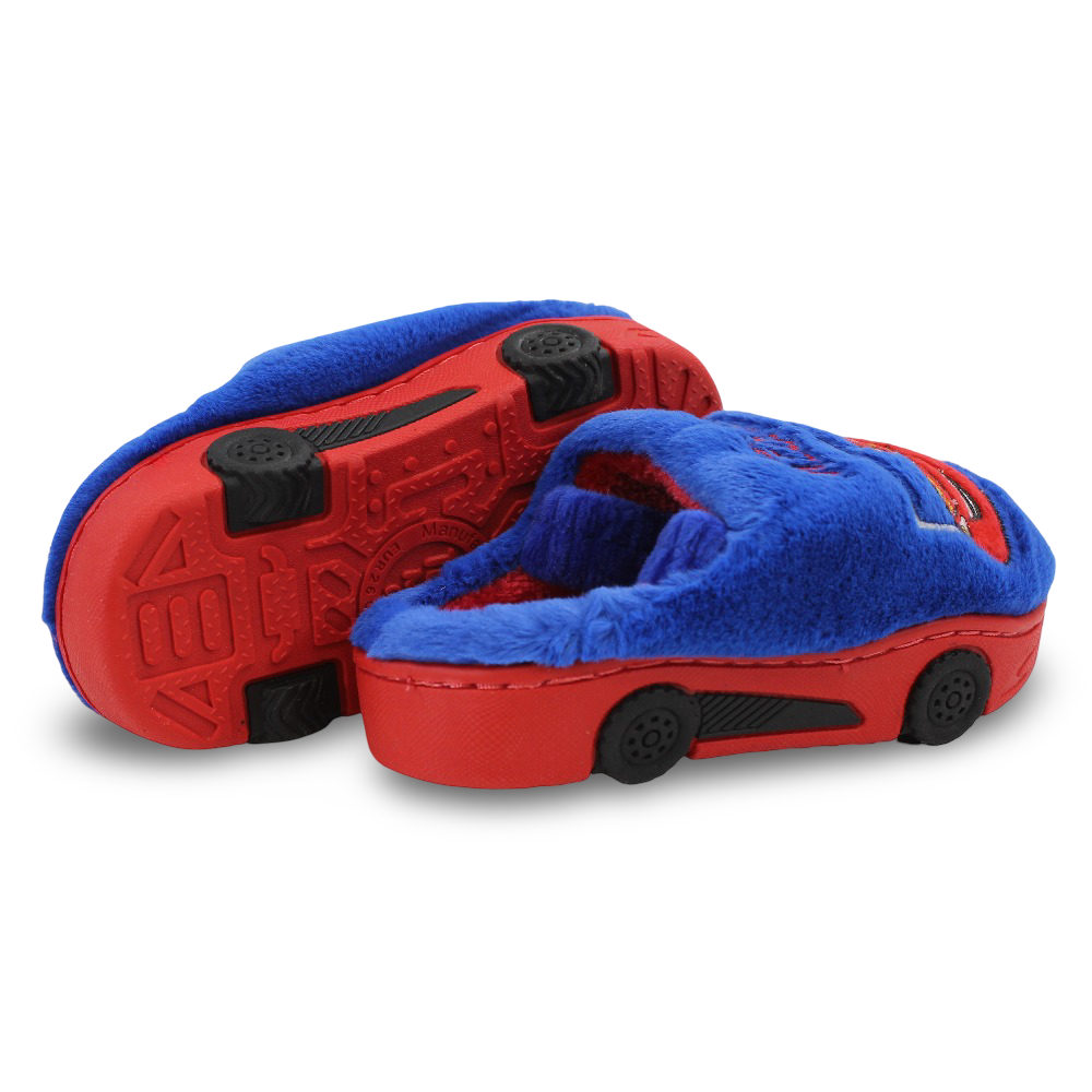Boys Fur Slippers – Blue with Cars Print