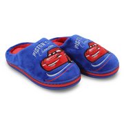 Boys Fur Slippers – Blue with Car “Piston Cup Champion” Print
