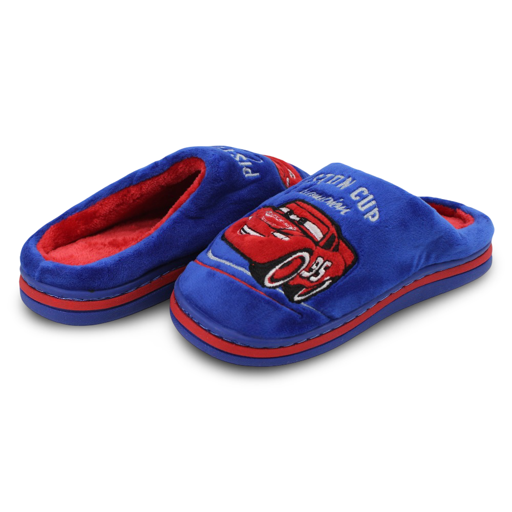 Boys Fur Slippers – Blue with Car “Piston Cup Champion” Print