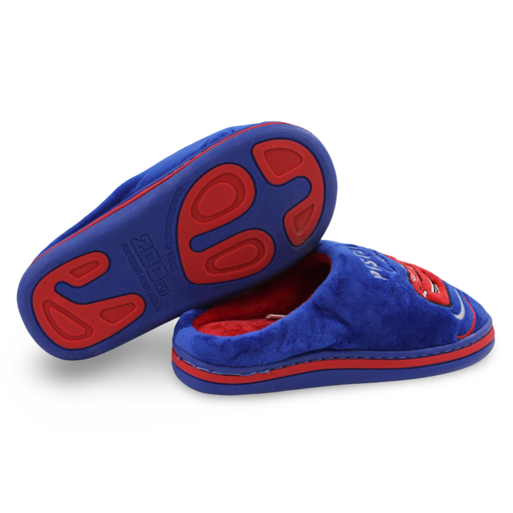 Boys Fur Slippers – Blue with Car “Piston Cup Champion” Print