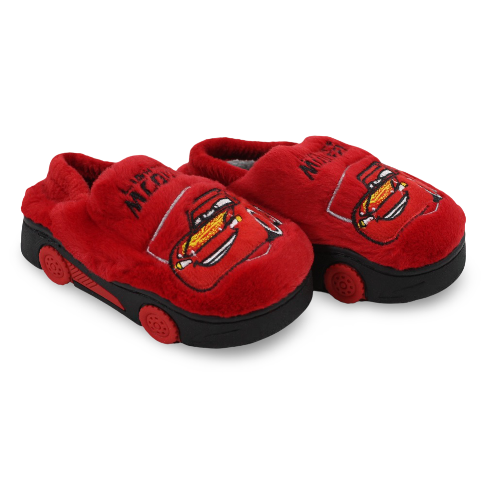 Boys Fur Slippers – Red with Cars Print