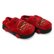 Boys Fur Slippers – Red with Cars Print