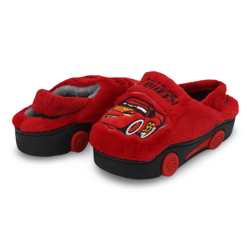 Boys Fur Slippers – Red with Cars Print