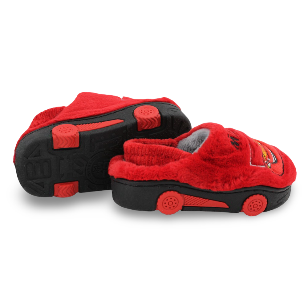 Boys Fur Slippers – Red with Cars Print