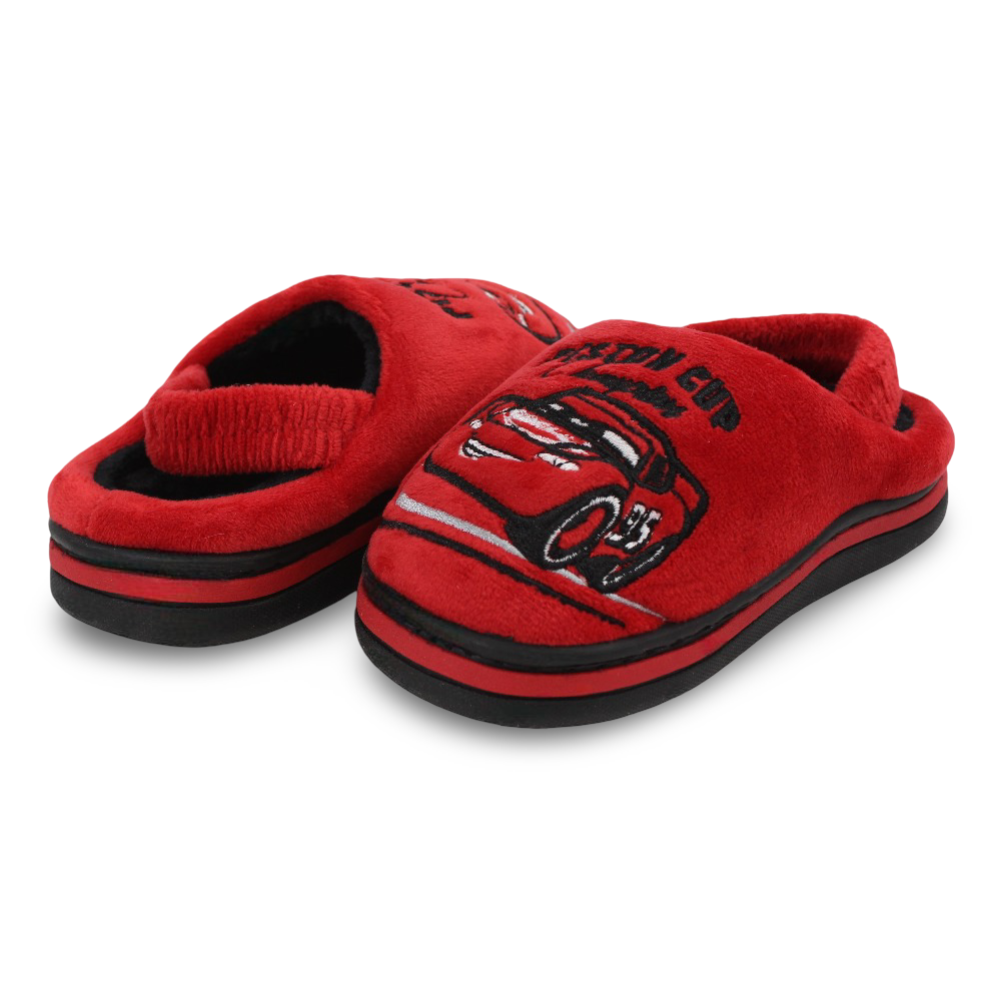 Boys Fur Slippers – Red with “Piston Cup Champion“ Print
