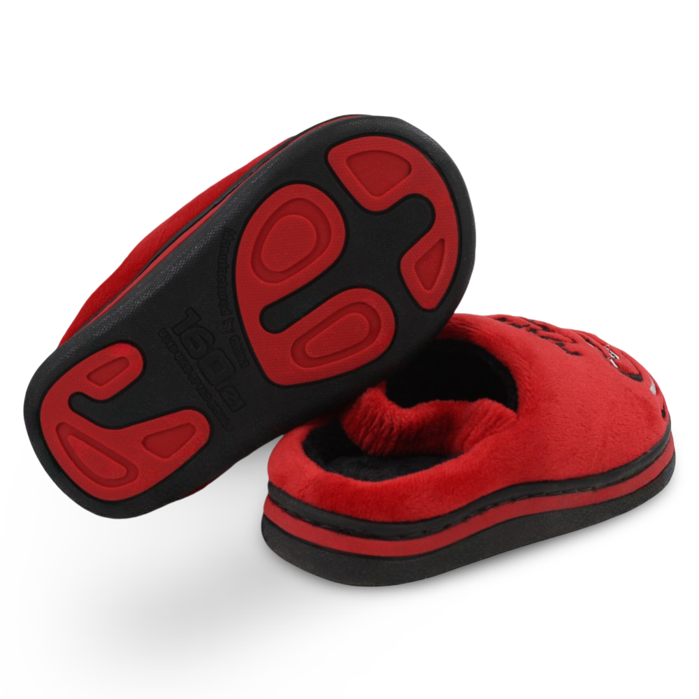 Boys Fur Slippers – Red with “Piston Cup Champion“ Print