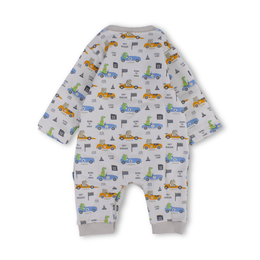 Baby Boys Cotton Footless Onesie – Off-White with Dino Racing Cars Print