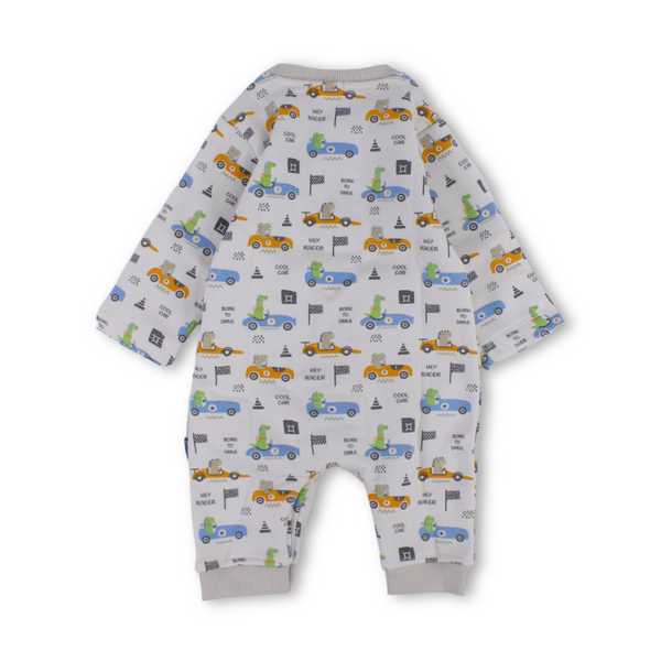 Baby Boys Cotton Footless Onesie – Off-White with Dino Racing Cars Print