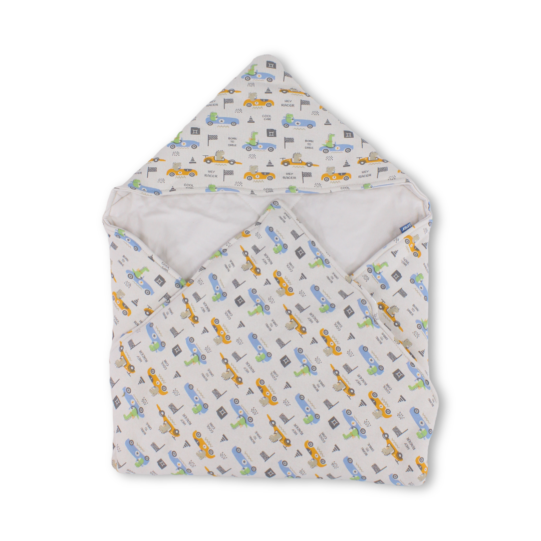 Cotton Baby Blanket – Off-White with “Hey Racer” Print