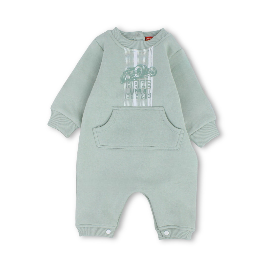Baby Boys Cotton Footless Onesie – Mint with "Race Like a Champ" Print