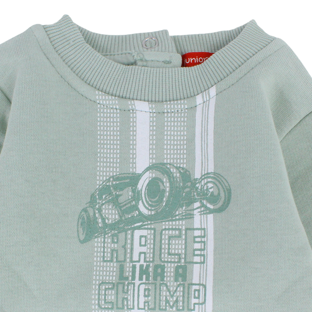 Baby Boys Cotton Footless Onesie – Mint with "Race Like a Champ" Print