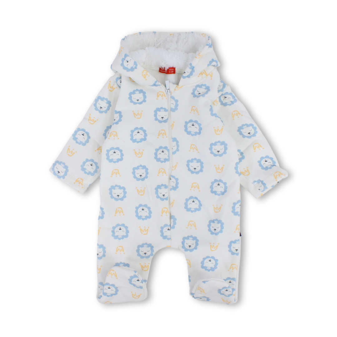 Baby Boys Cotton Hooded Baby Footie – Off White with Lions Print