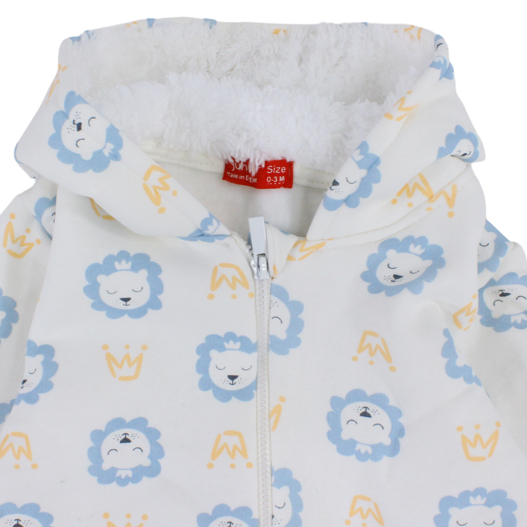 Baby Boys Cotton Hooded Baby Footie – Off White with Lions Print