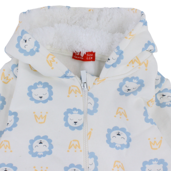 Baby Boys Cotton Hooded Baby Footie – Off White with Lions Print