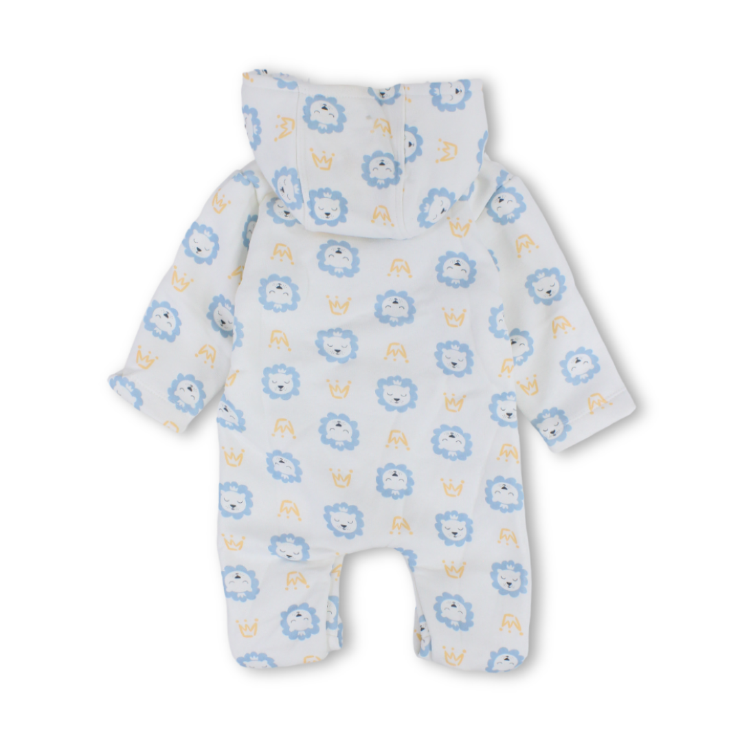 Baby Boys Cotton Hooded Baby Footie – Off White with Lions Print