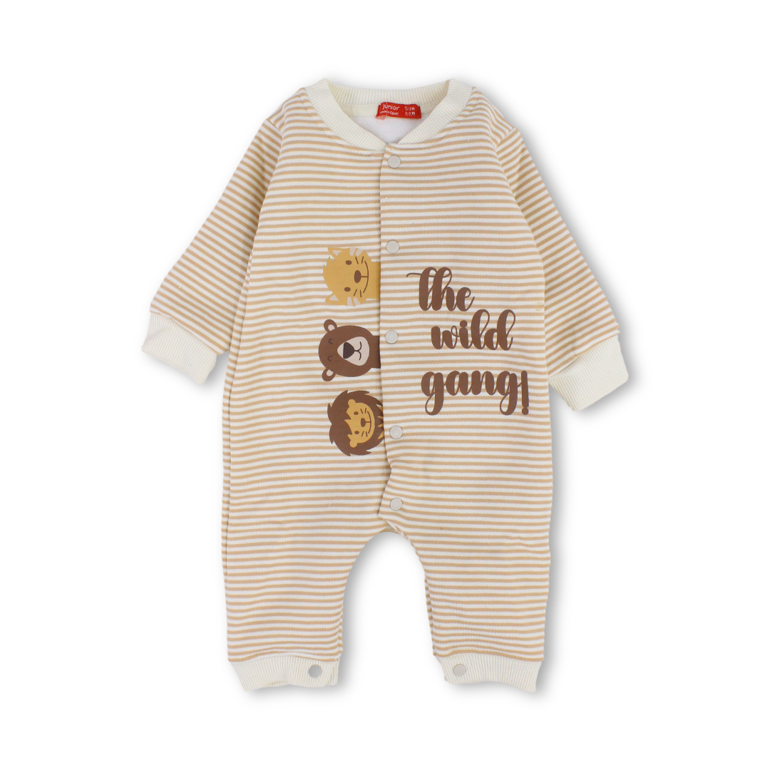 Baby Boys Cotton Baby Footie – Beige with “The Wild Gang“ Print